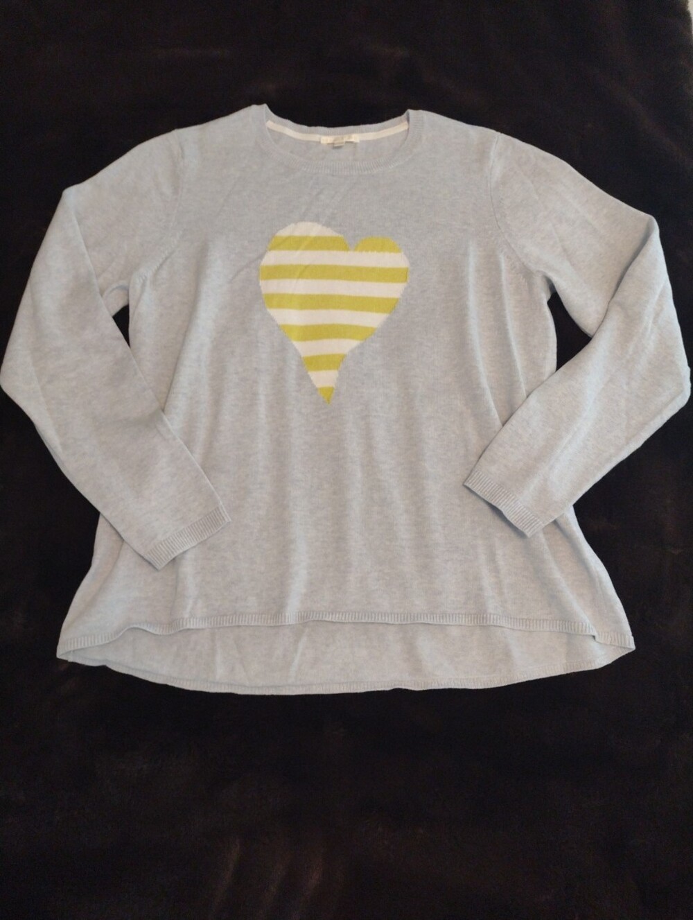 Lisa Todd Fool for Love Sweater Womens L Lt Blue Striped Chartreuse Heart Cotton